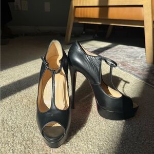 Christian Louboutin Black Peep-Toe Heels with Red Soles